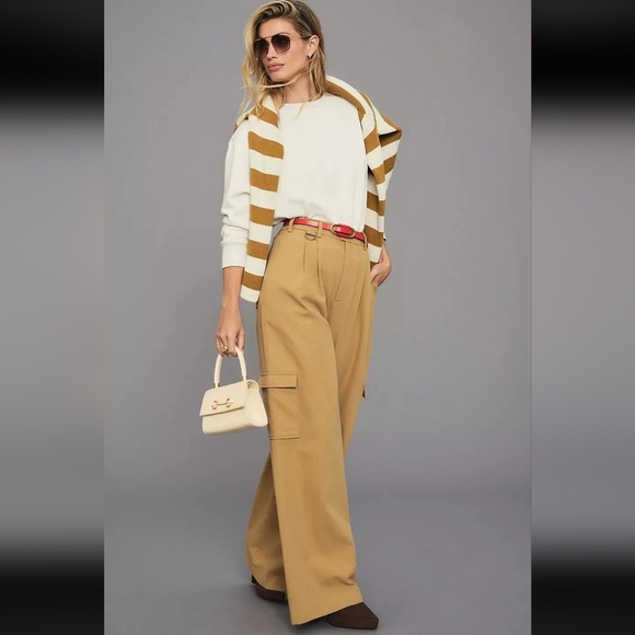Anthropologie Avec Les Filles Pleated Wideleg Cargo Trousers Khaki NWOT - Picture 4 of 13